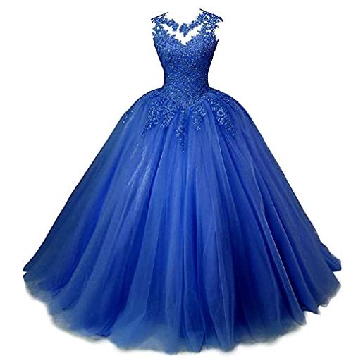 Xinaier quinceanera lungo tulle prom ball gown lace party sweet 16 abiti da donna, blu, 52