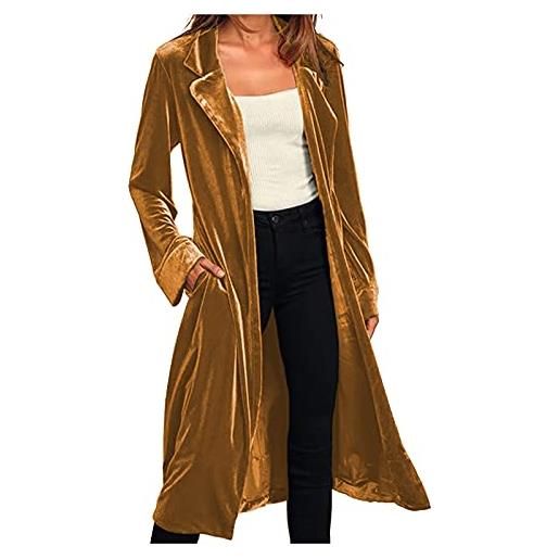 FTRGHNY cappotto lungo di velluto per le donne tacca risvolto trenchcoat con tasche donna cappotto invernale cardigan, giallo, xl