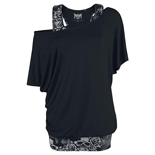 Black Premium by EMP donna t-shirt grigia-nera a doppio strato con stampa teschio l