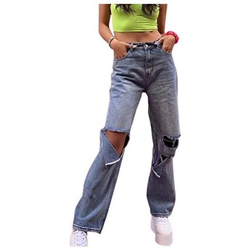 Minetom donna jeans straight vita alta pantaloni gamba larga comode larghi vintage casuale sciolto denim pants streetwear d blu large