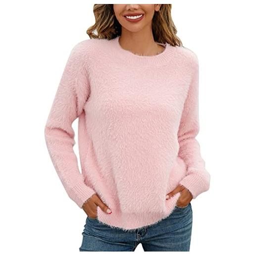 Generic pullover in peluche da donna tinta unita manica lunga girocollo maglione popolare maglione donna pullover sfocato maglioni, rosa, xl
