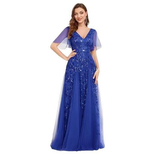 Ever-Pretty abiti da ballo linea ad a scollo a v per cerimonia sera damigella lungo con paillettes donna blu polveroso 58