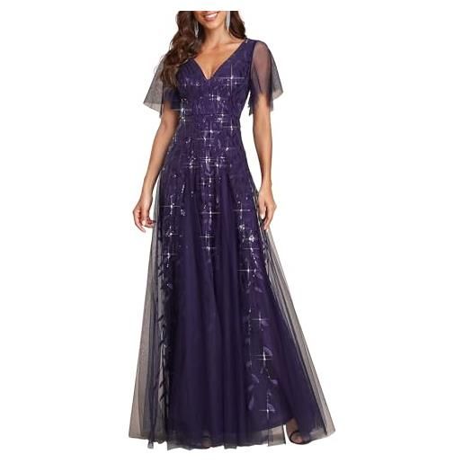 Ever-Pretty vestito da cerimonia lungo paillettes stile impero scollo a v maniche corte abito elegante donna oro 46