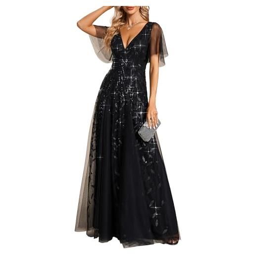 Ever-Pretty vestiti da cerimonia linea ad a scollo a v per cerimonia sera damigella lungo con paillettes donna blu navy 48