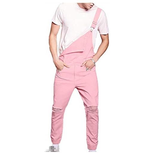 FANSU salopette da uomo con jeans, tuta di jeans strappati moda lavaggio rotto tasca pantaloni reggicalze pantaloni casual da elasticizzato (m, rosa)