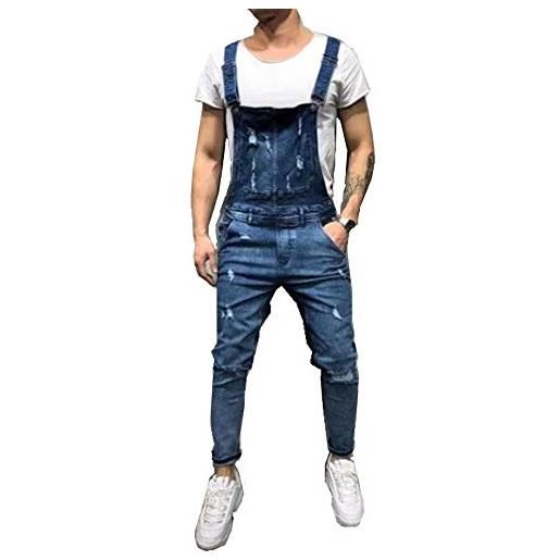 FANSU salopette da uomo con jeans, tuta di jeans strappati moda lavaggio rotto tasca pantaloni reggicalze pantaloni casual da elasticizzato (l, blu scuro)
