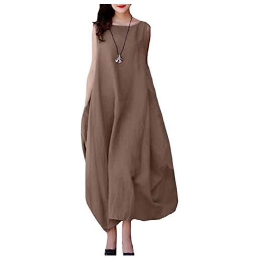ORANDESIGNE abiti lungo donna senza maniche in cotone e lino midi vestiti girocollo tinta unita casual abito caftano boho allentato vestito spiaggia abito estivo bikini cover up a marrone m