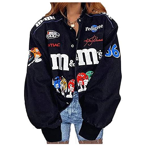 Osheoiso bomber jacket giacca donna giacca sportiva jackets vintage streetwear con tasca outwear giacca college sweat jacket e nero xl