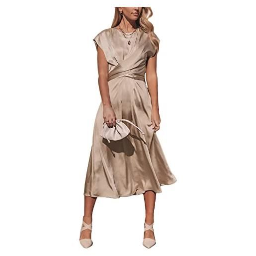 ORANDESIGNE vestito lungo donna abito vita alta senza manica abito da sera in raso casual elegante vestito con scollo rotondo al ginocchio tinta unita abito da lavoro cerimonia a albicocca s