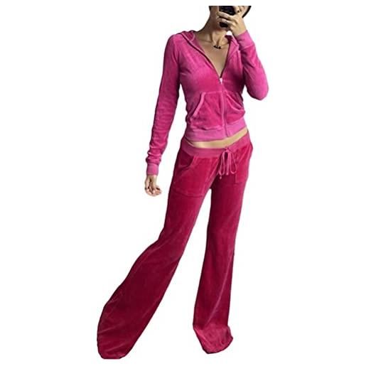 Minetom tuta sportiva donna in velluto y2k sportwear 2 pezzi completi sportivi felpa con cappuccio a zipper + pantaloni jogging pigiama set per training yoga casual a rosa rosso m