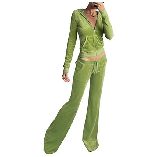 Minetom tuta sportiva donna in velluto y2k sportwear 2 pezzi completi sportivi felpa con cappuccio a zipper + pantaloni jogging pigiama velluto set per training yoga casual a verde s