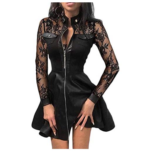 Onsoyours abiti donna moda scollo a v manica lunga in pizzo patchwork mini abito con cerniera abito in pelle aderente cocktail vestito eleganti festa swing dress b nero xs