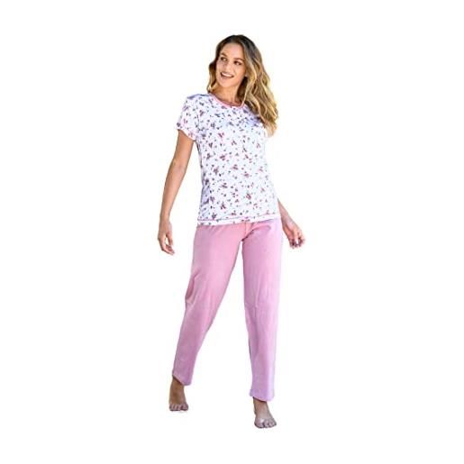 Leo Corsetteria pigiama donna classico aperto bottoni tasca cotone mezza manica pantalone lungo xl bianco rosa