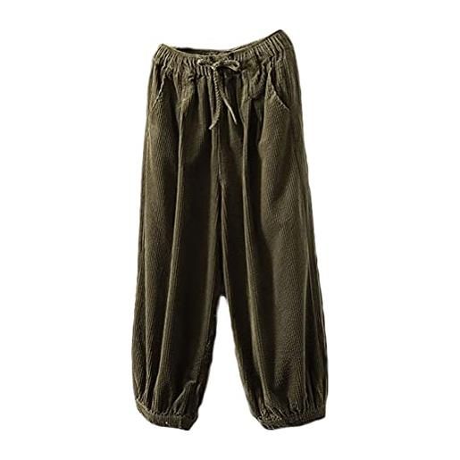 FTCayanz pantaloni donna cotone vita elastica velluto a coste pantaloni ampia leg baggy harem con tasche army green l