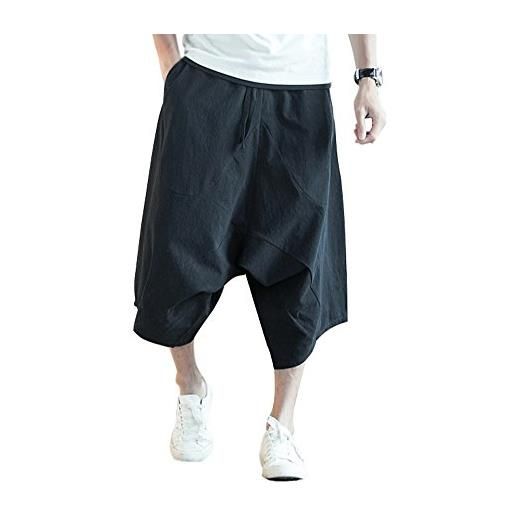 Minetom uomo pantaloni di lino casual capri pantaloncini bermuda 3/4 cargo shorts vintage oversize baggy coulisse comodo jogging pants nero xxxl