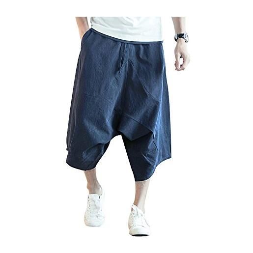 Minetom uomo pantaloni di lino casual capri pantaloncini bermuda 3/4 cargo shorts vintage oversize baggy coulisse comodo jogging pants nero s