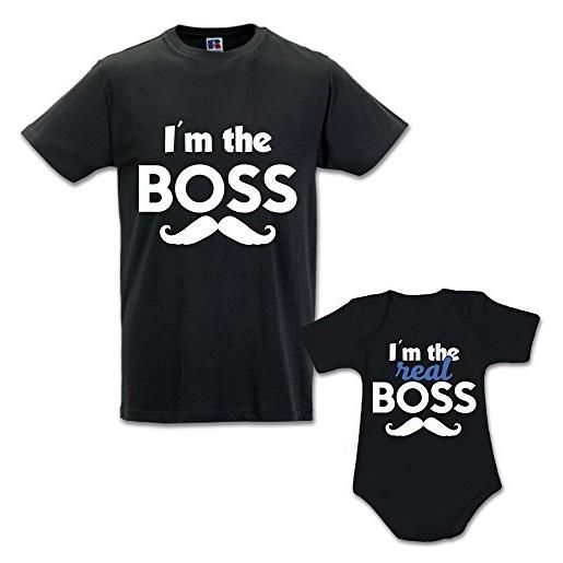 Babloo idea regalo coppia di t-shirt papa' figlio boss - real boss nere maschietto uomo xl - bimbo 18 mesi