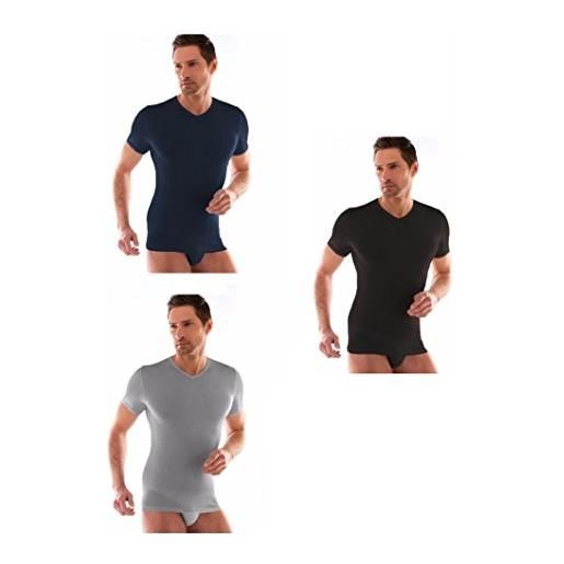Liabel 3 t-shirt corpo uomo cotone elasticizzato mezza manica scollo a punta 03858/p53 (7/xxl, nero/grigio/blu)