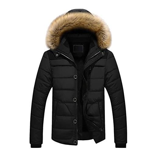 Minetom uomo cappotto invernale corto piumino caldo e spesso con cappuccio in pelliccia sintetica giacca outdoor giubbotto b nero l