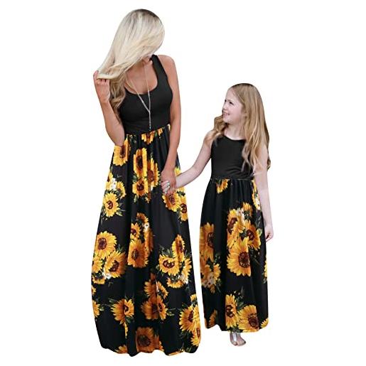 YMING abiti per madre e figlia abito floreale girocollo abito lungo abito per famiglia abito prendisole fiori neri 9-10 anni