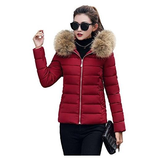 MOVERV cappotto donna eleganti corta di imbottito piumino slim trapuntata invernale giubbotto con cappuccio di pelliccia taglie forti giacche inverno cotone giacca donna, nero, l