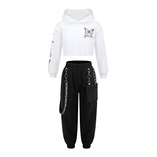 YiZYiF completi hip hop per bambini in 2 pezzi tuta da ragazza felpa pullover top pantaloni sportivi jogger tracksuit bianco a 9-10 anni