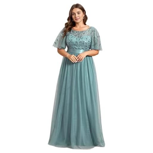 Ever-Pretty vestito da cerimonia stile impero maniche corte linea ad a elegante scollo a rotondo donna tulle cielo blu 46