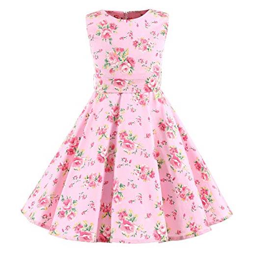 YFCH bambina ragazze abiti festa da principessa con cintura vestiti da cerimonia senza maniche stampato eleganti, fiori di rosa, 10-11 anni