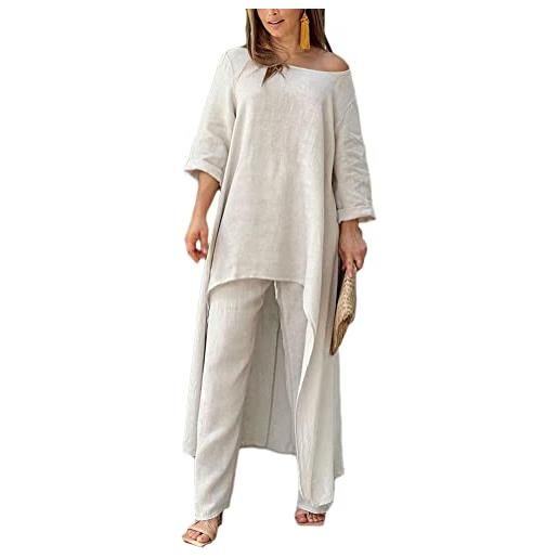 ORANDESIGNE abiti in 2 pezzi da donna irregolare camicia a maniche lunghe + pantaloni lunghi tuta casual tinta unita completo in due pezzi set classico elegante a beige l