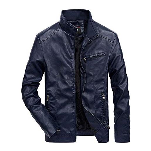 Wenchuang giacca in pelle pu per uomo stand collare slim fit vintage zip biker giubbotto blu marino xxl