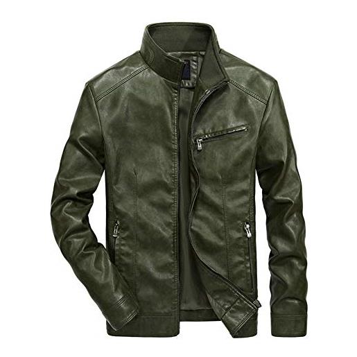 Wenchuang giacca in pelle pu per uomo stand collare slim fit vintage zip biker giubbotto verde m