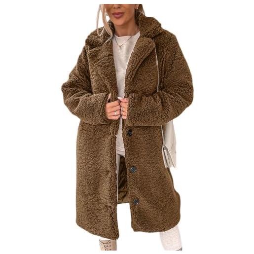 Onsoyours giacca da donna in pile lungo revers trenchcoat elegante parka cappotto con pulsanti esterno outwear autunno inverno a marrone scuro s