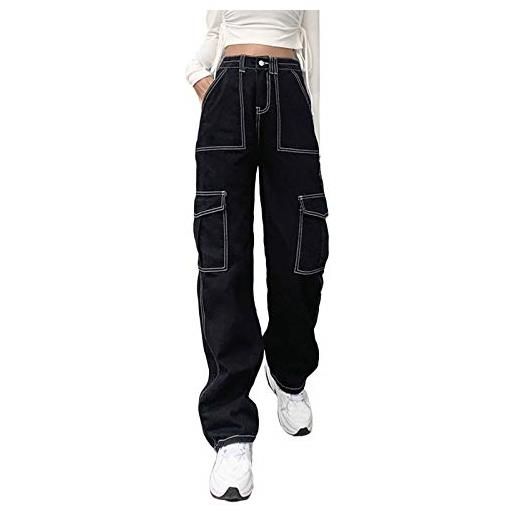 Minetom jeans donna pantaloni vita alta tasche cargo pantalone da lavoro sciolto denim pantaloni larghi jeans pants g nero m