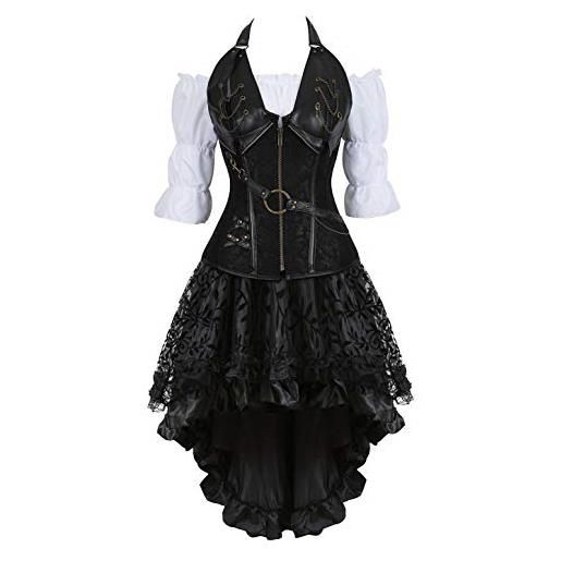 WLFFW bustino corsetto gonna camicetta pelle donna steampunk corpetto costume (eu(32-34) s, nero)