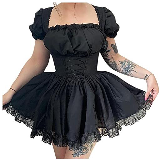 wdehow donne nero gotico mini abito lolita pizzo corsetto abiti vintage punk puff manica una linea swing breve autunno goth dress (#04 black, small)