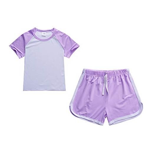amropi completo 2 pezzi ragazze maglietta con maniche corte + pantaloncini estate abiti set vestiti viola, 11-12 anni