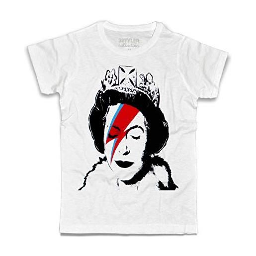 3stylercollection t-shirt uomo bianca elisabeth queen - fulmine thunder make-up - regina elisabetta - rebel rebel