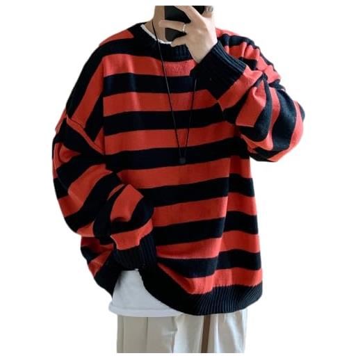 Minetom maglione a righe da uomo autunno oversize maglione patchwork a maniche lunghe maglione sportivo sottile pullover maglione coppia giapponese a rosso xl