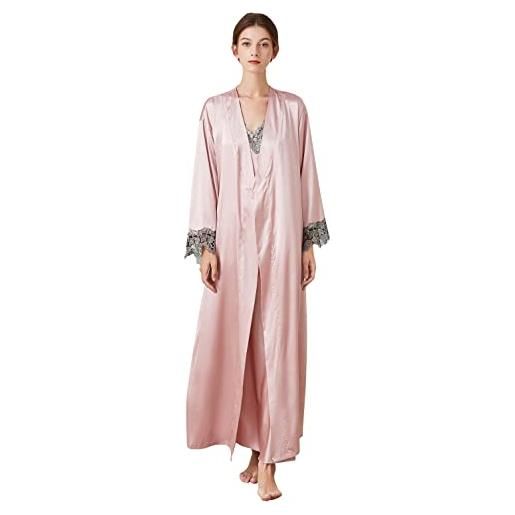 YAOMEI camicia da notte donna con kimono vestaglia pigiama, 2 pcs camicia da notte donna pigiama pigiami in raso, pizzo lungo maniche robes chemise biancheria intima pigiameria (m, rosa3)