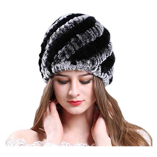 KAISHIN cappellini invernali a righe colorate per donna cappelli in vera pelliccia di coniglio rex berretti (nero)