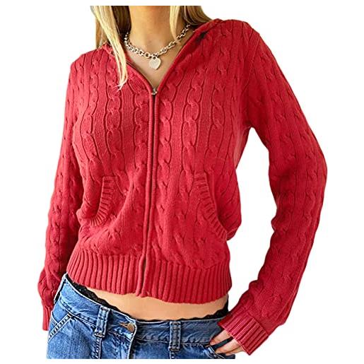 ORANDESIGNE maglione donna con cappuccio tasca cerniera maglione manica lunga sexy cardigan maglione corto chiusura con zip cappotto y2k maglione autunnale invernale b rosso s