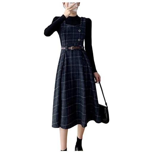 Himifashion abito vintage da donna in stile scozzese giapponese da donna autunno inverno con cinturino in lana, blu navy, l