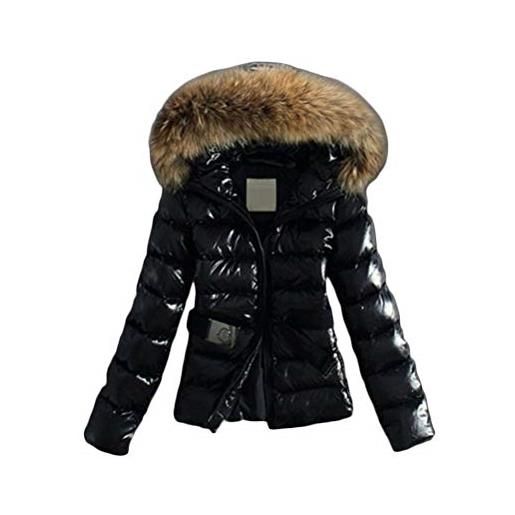 Minetom cappotto elegante donna corta piumino invernale giacca per giacche di cotone pelliccia sintetica pelliccia cappuccio lungo giacche (44, lungo nero)