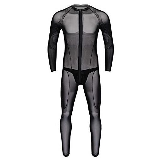 Freebily body uomo sexy hot catsuit aperta erotico lingerie trasparente biancheria intima saloppette collant uomo sexy con string maglietta maniche lunghe pigiama nero xxl