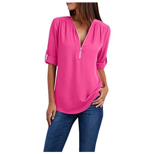hmtitt zipper loose long women ladies shirt sleeves clothing chiffon button plus size tops casual long blouse (hot pink, xxl)