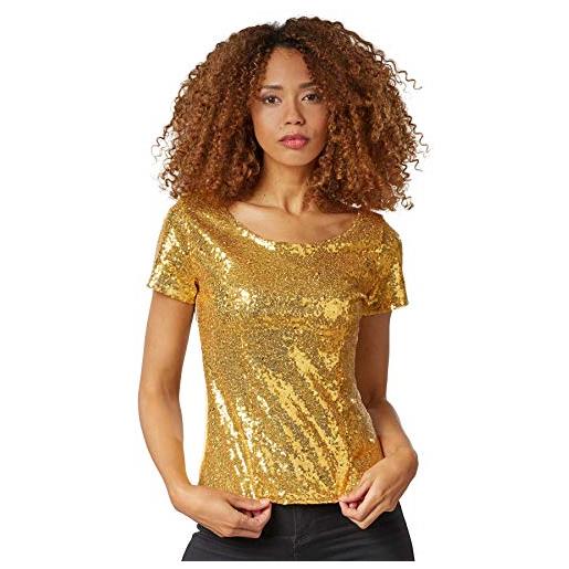 dressforfun 901013 maglietta da donna, manica corta con paillettes, costume carnevale festa - modelli differenti (xxl | dorato | no. 303710)