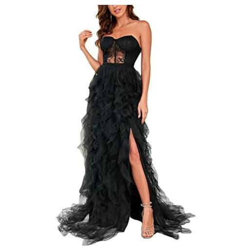 ORANDESIGNE abito donna lunga vestito da cocktail da sera elegante damigella d'onore linea ad a stile abito da sera in pizzo senza maniche a nero xl