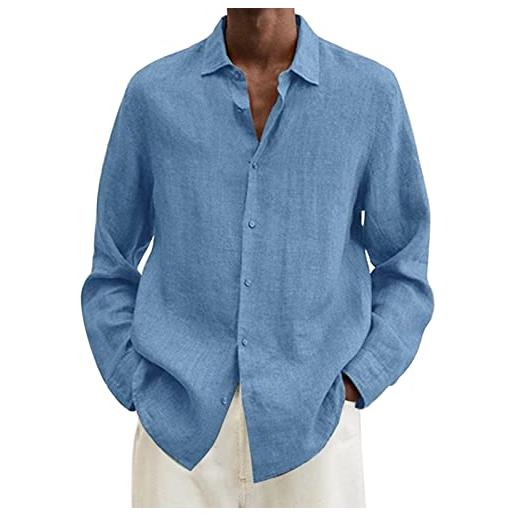 Generic maschio estate cotone lino solido casual plus size camicia senza collo rovesciato camicia manica lunga camicia, azzurro, xxxxxl