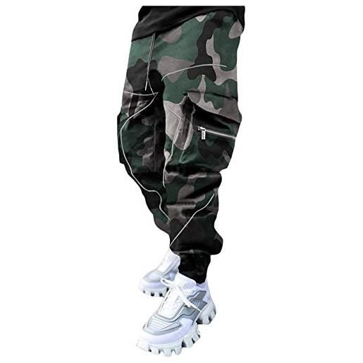 Loalirando pantaloni da jogging da uomo pantaloni sportivi mimetici pantaloni casual atletici alla moda hip-hop streetwear con tasche con cerniera abbigliamento punk (mimetico verde, l)