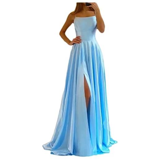 ORANDESIGNE vestito da cerimonia donna linea ad a stile impero raso neckholder senza maniche abito da damigella con spacco a azzurro xs